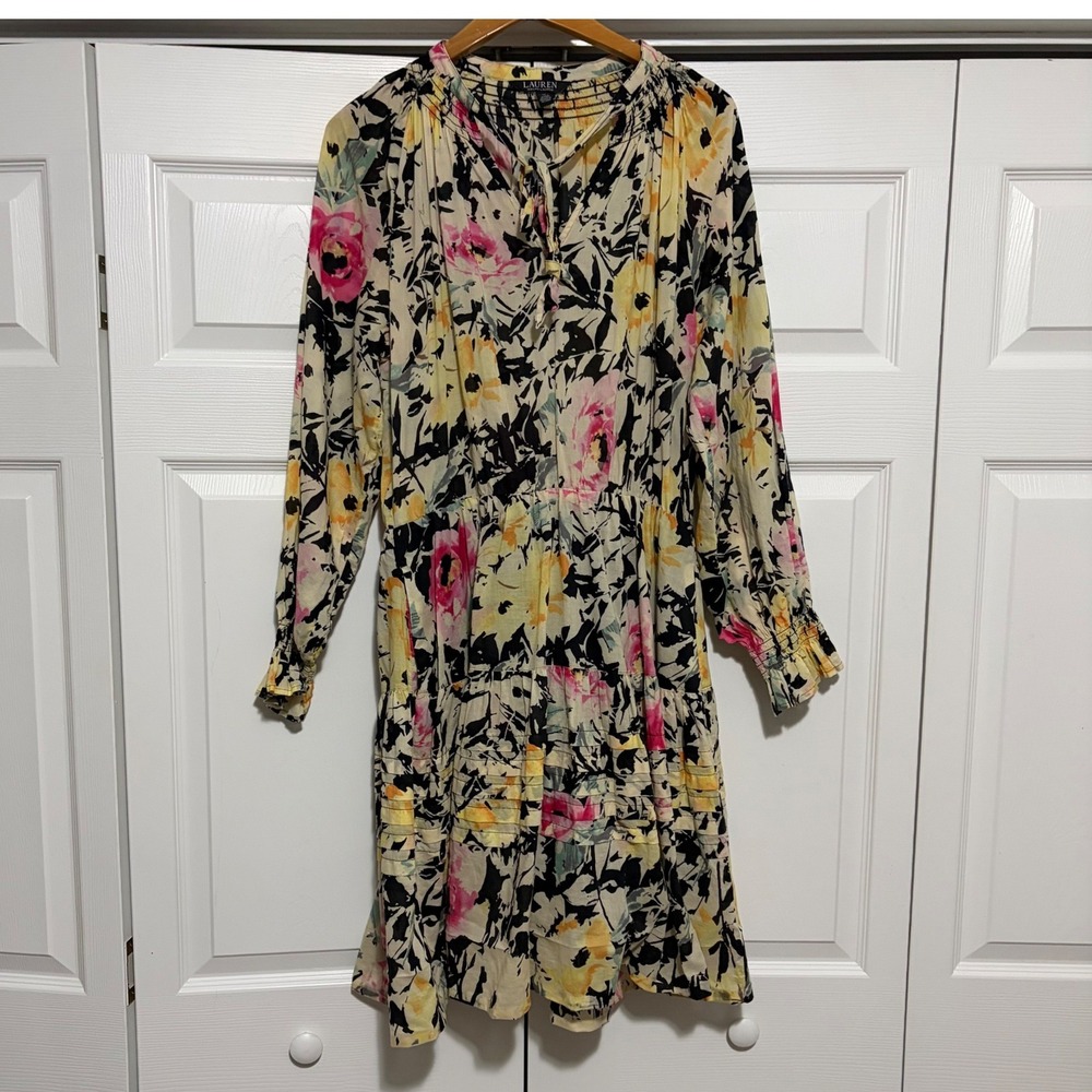 Lauren Ralph Lauren Floral Dress Womens 12 Black Peasant Boho Festival Core